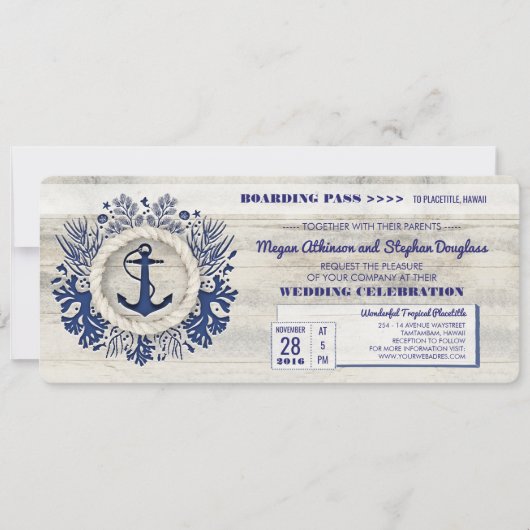 Navy Nautical Anchor Boarding Pass Trouwticket Kaart (Voorkant)