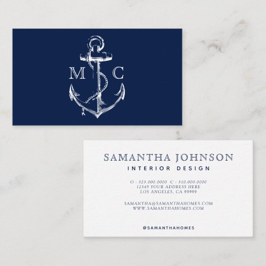 Navy Nautical Anchor Monogram Visitekaartje (Voorkant / Achterkant)