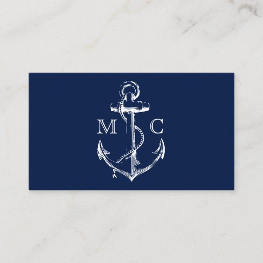 Navy Nautical Anchor Monogram Visitekaartje (Voorkant)