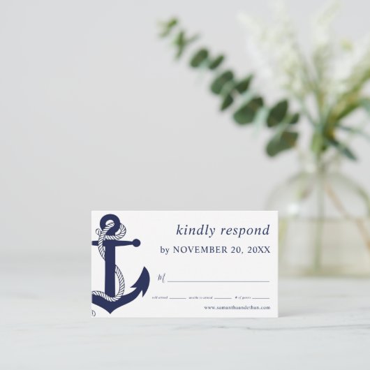 Navy Nautical Anchor RSVP Wedding Enclosure Card Informatiekaartje (Staand voorkant)
