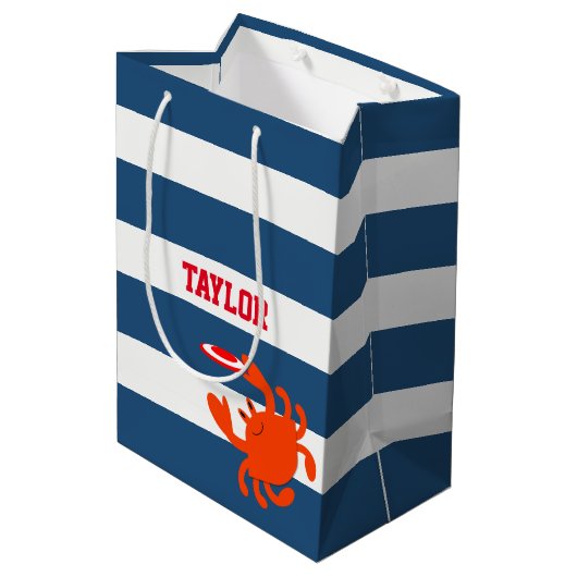 Navy Nautical Frisbee Crab, gepersonaliseerd Medium Cadeauzakje (Achterkant Gekanteld)