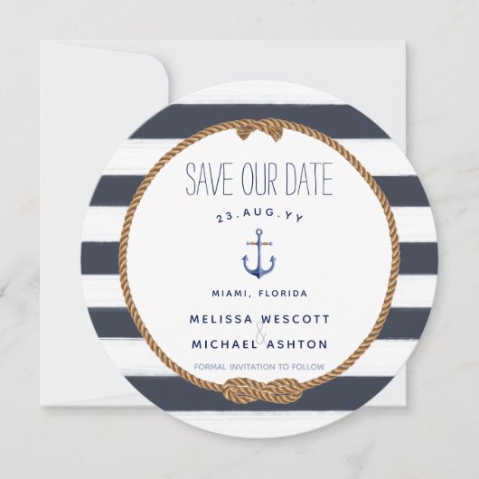 Navy Nautical Knot Waterverf Anker Save the Date Kaart (Voorkant)