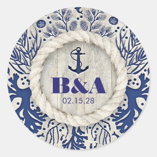 Navy Nautical rustieke strand Driftwood bruiloft Ronde Sticker (Voorkant)