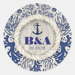 Navy Nautical rustieke strand Driftwood bruiloft Ronde Sticker