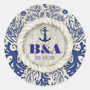 Navy Nautical rustieke strand Driftwood bruiloft Ronde Sticker