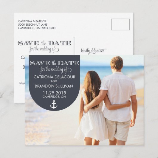 NAVY NAUTICAL SAVE THE DATE ANNOUNCCTION BRIEFKAAR AANKONDIGINGSKAART (Voorkant / Achterkant)