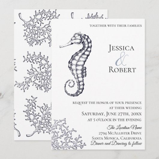 Navy Nautical Seahorse bruiloft uitnodiging (Voorkant / Achterkant)