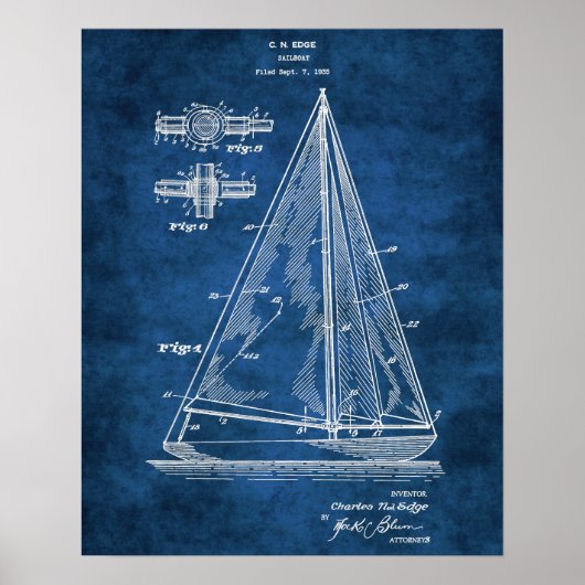 Navy Nautical Wall Decor Sailboat Patent #5 Poster (Voorkant)
