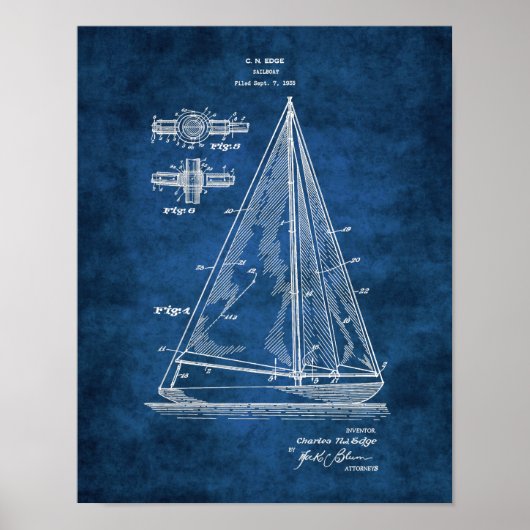 Navy Nautical Wall Decor Sailboat Patent #5 Poster (Voorkant)