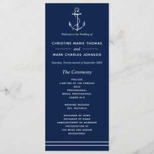 Navy Nautical White Anker Bruiloft Programmakaart