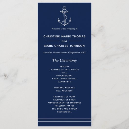 Navy Nautical White Anker Bruiloft Programmakaart (Voorkant)