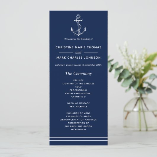 Navy Nautical White Anker Bruiloft Programmakaart (Staand voorkant)