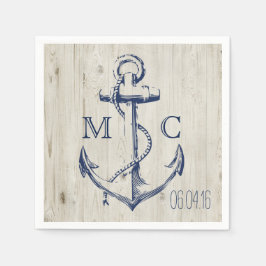 Navy Nautical White Anker Rustiek Wood Monogram Servet