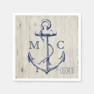 Navy Nautical White Anker Rustiek Wood Monogram Servet