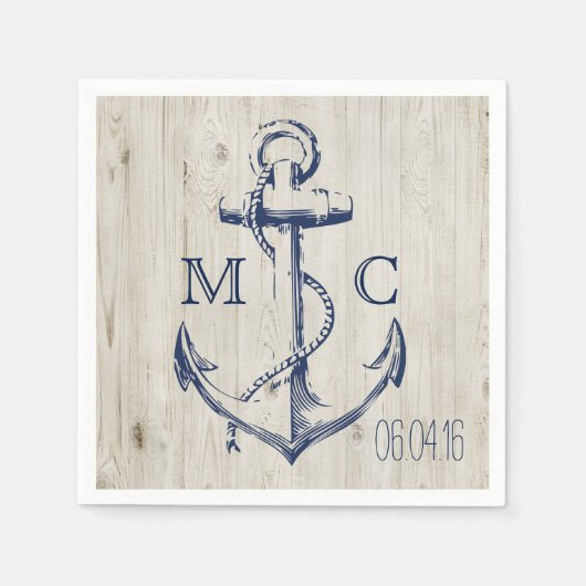 Navy Nautical White Anker Rustiek Wood Monogram Servet (Voorkant)