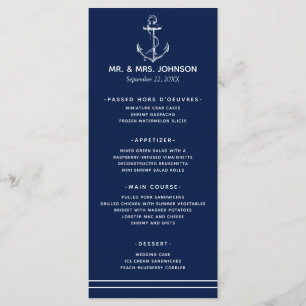 Navy Nautical White Anker Zee Side Bruiloft Menu