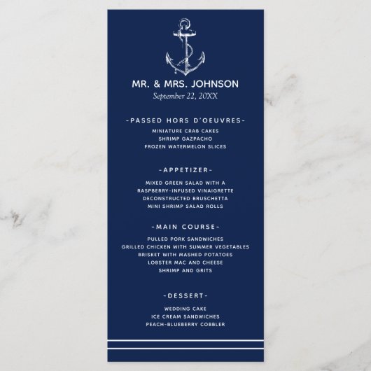 Navy Nautical White Anker Zee Side Bruiloft Menu (Voorkant)