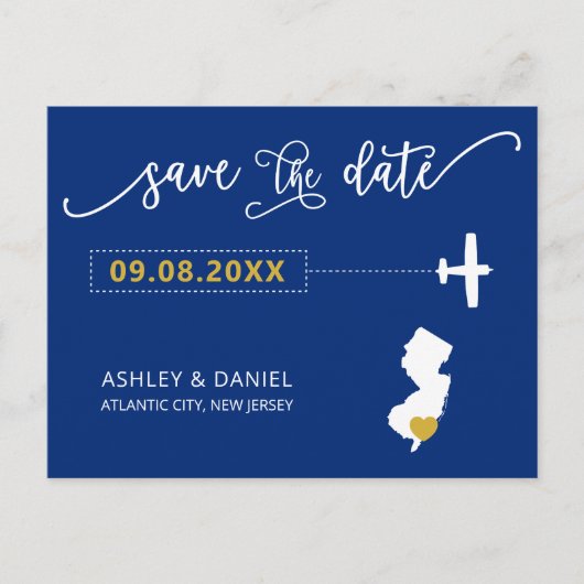 Navy New Jersey Wedding Save the Date Map Briefkaa Briefkaart (Voorkant)
