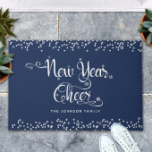 Navy Nieuwjaar Cheer White Script Snowflakes Custo Deurmat