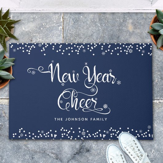Navy Nieuwjaar Cheer White Script Snowflakes Custo Deurmat