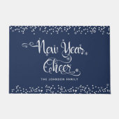 Navy Nieuwjaar Cheer White Script Snowflakes Custo Deurmat (Voorkant)