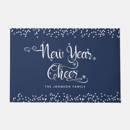 Navy Nieuwjaar Cheer White Script Snowflakes Custo Deurmat (Voorkant)