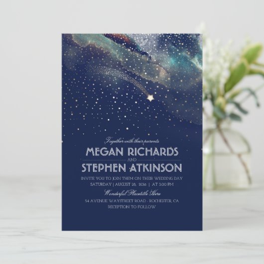 Navy Night Gold Shooting Star Elegant Wedding Kaart (Staand voorkant)