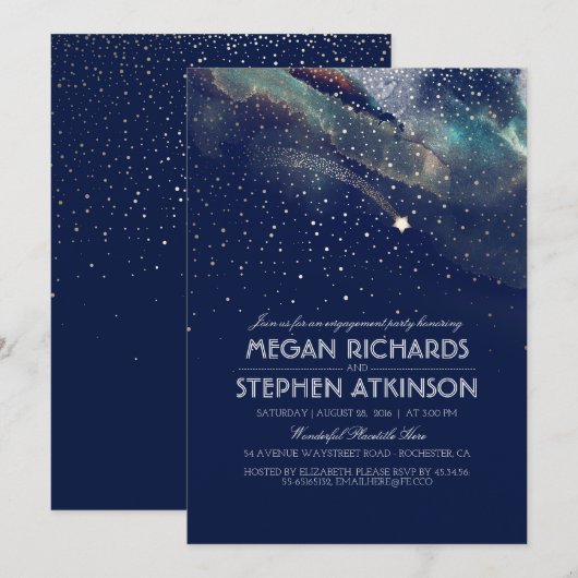 Navy Night Gold Shooting Star Engagement Party Kaart (Voorkant / Achterkant)