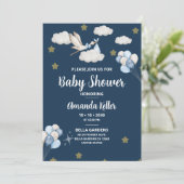 Navy Night Sky Stork Baby shower Kaart (Staand voorkant)