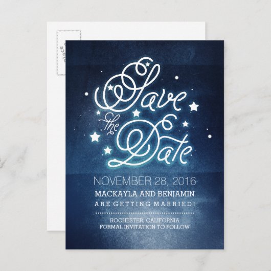 Navy Night Stars Rustic Save the Date Aankondigingskaart (Voorkant / Achterkant)