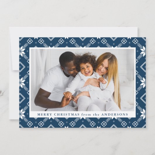 Navy Nordic Snowflake Pattern Foto Feestdagenkaart (Voorkant)