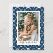 Navy Nordic Snowflake Pattern Foto Feestdagenkaart (Voorkant)