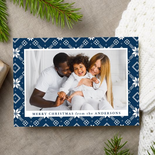 Navy Nordic Snowflake Pattern Foto Feestdagenkaart