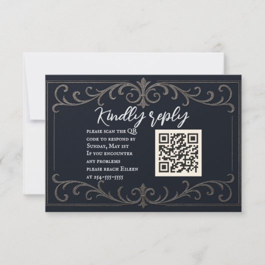 Navy Nuptial QR Code Wedding RSVP Card (Voorkant)