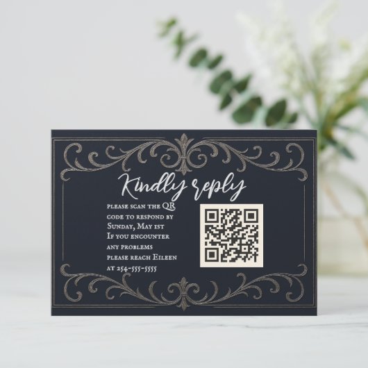Navy Nuptial QR Code Wedding RSVP Card (Staand voorkant)