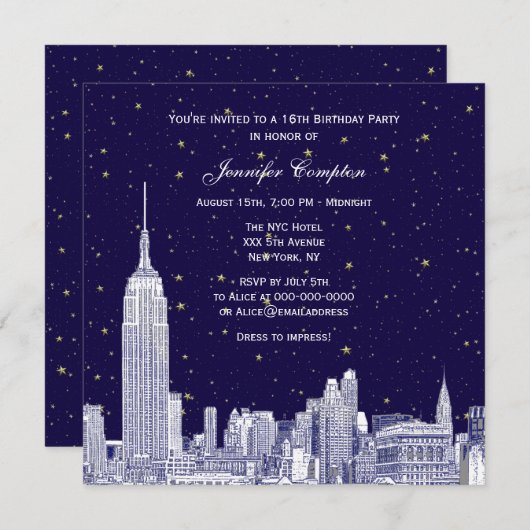 Navy NYC Skyline Etch Starry DIY BG Sweet 16 SQ #2 Kaart (Voorkant / Achterkant)