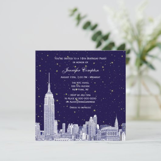 Navy NYC Skyline Etch Starry DIY BG Sweet 16 SQ #2 Kaart (Staand voorkant)