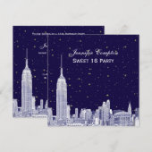 Navy NYC Skyline Etch Starry DIY BG Sweet 16 SQ In Kaart (Voorkant / Achterkant)