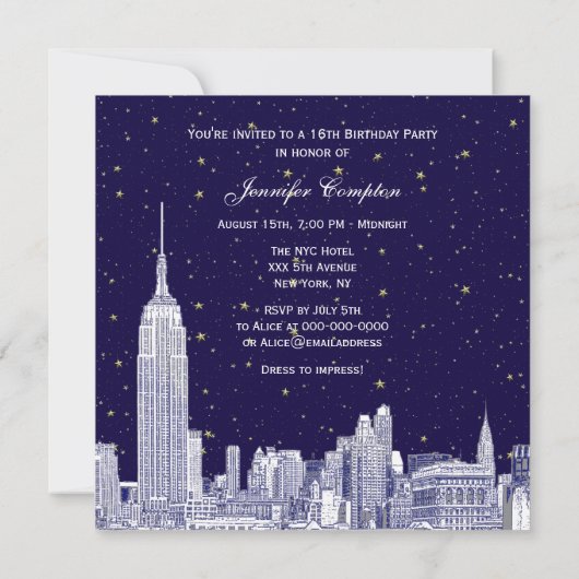 Navy NYC Skyline Etch Starry DIY BG Sweet 16 SQ In Kaart (Achterkant)