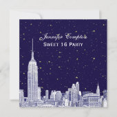 Navy NYC Skyline Etch Starry DIY BG Sweet 16 SQ In Kaart (Voorkant)