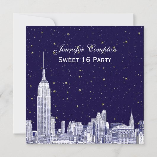 Navy NYC Skyline Etch Starry DIY BG Sweet 16 SQ In Kaart (Voorkant)