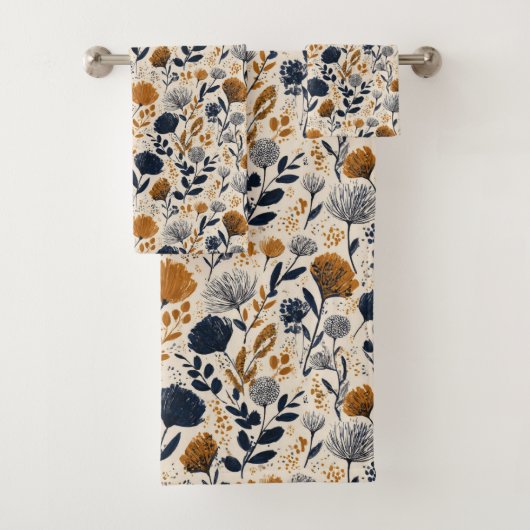 Navy & Ochre Botanical Towel Bad Handdoek (Insitu)
