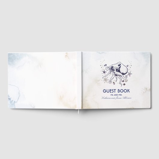 Navy Octopus Beach Waterverven Nautische bruiloft Gastenboek (Volledig)