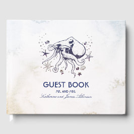 Navy Octopus Beach Waterverven Nautische bruiloft Gastenboek