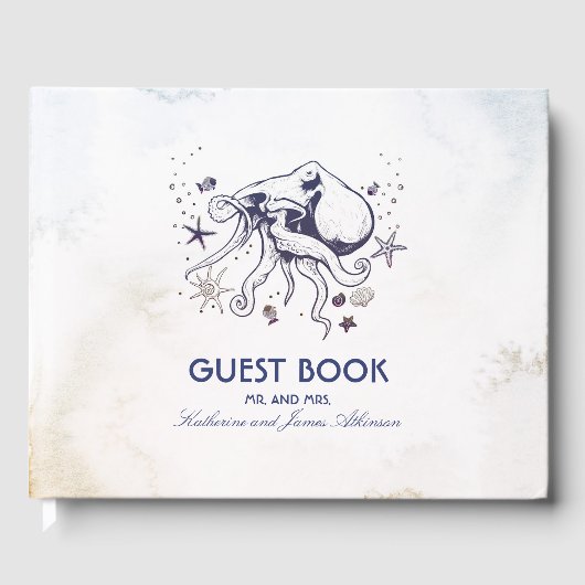 Navy Octopus Beach Waterverven Nautische bruiloft Gastenboek (Voorkant)