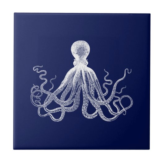 Navy Octopus Donkerblauwe Kraken Tegeltje (Voorkant)