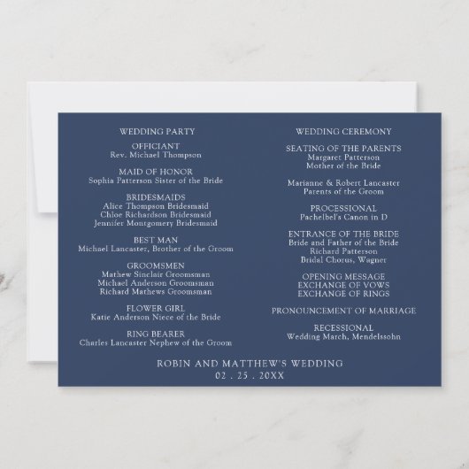 Navy (of ander) Moderne Wedding Program - Tijdlijn (Achterkant)