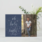 Navy Oh Heilige Nachthand Lettering kerstfoto Feestdagenkaart (Staand voorkant)