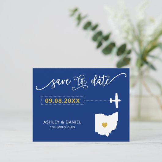 Navy Ohio Wedding Save the Date Map Briefkaart (Staand voorkant)