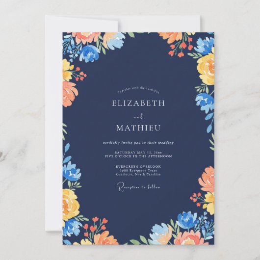 Navy Oker Wildebloemen Bruiloft Kaart (Voorkant)